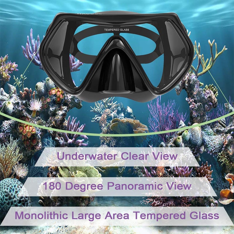 WACOOL Professional Snorkeling Snorkel Diving Scuba Package Set with Anti-Fog Coated Glass Purge Valve and Anti-Splash Silicon Mouth Piece for Men Women (Adults,Black+Black) - Image 3